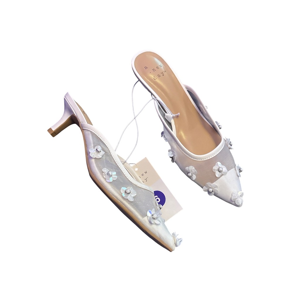 NEW A New Day Delilah White Mesh Floral Pointed Toe Mule Kitten Heels 6